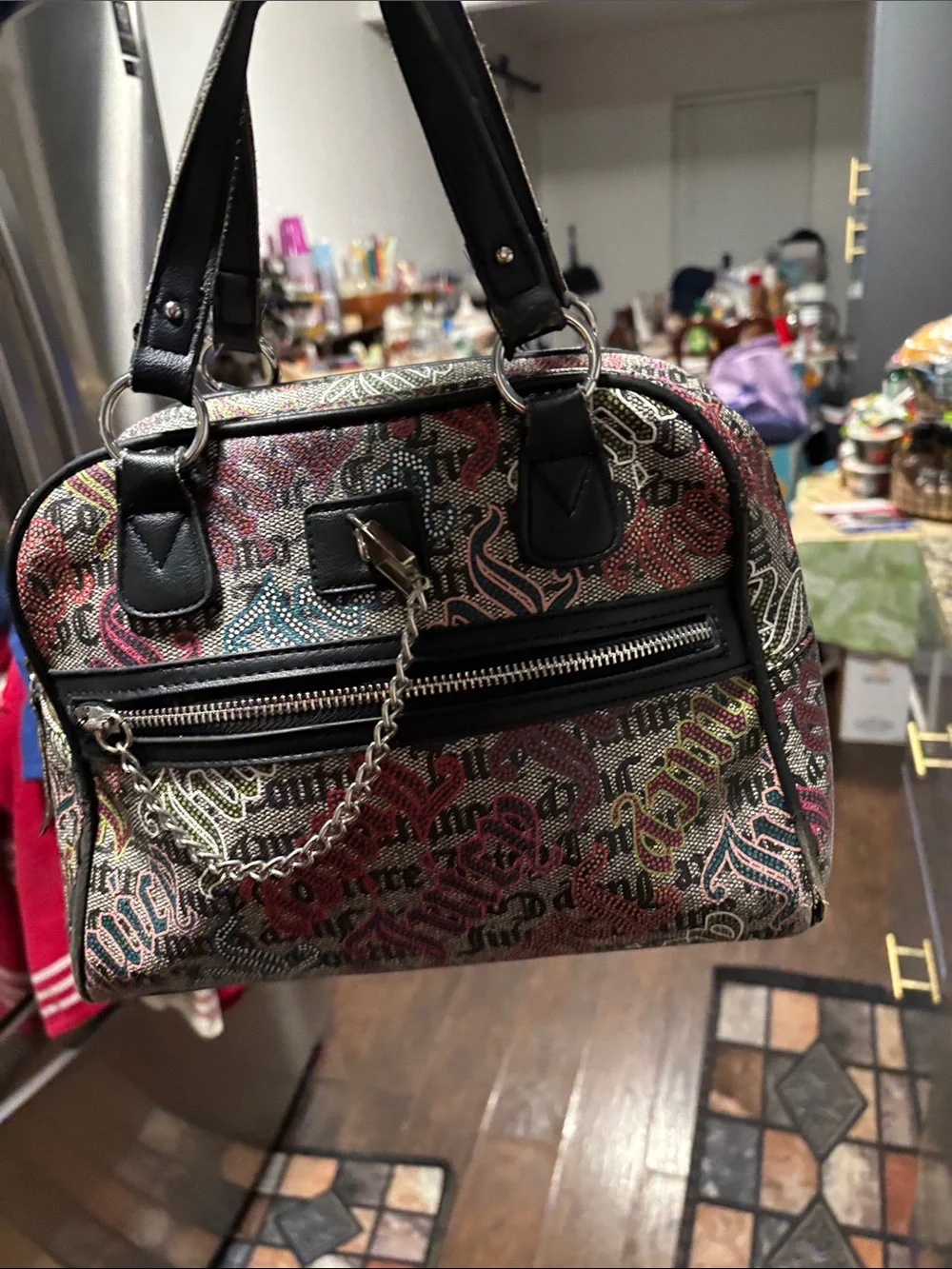 Juicy Couture Multicolor Logo Print Dome Satchel with Black Trim w:straps